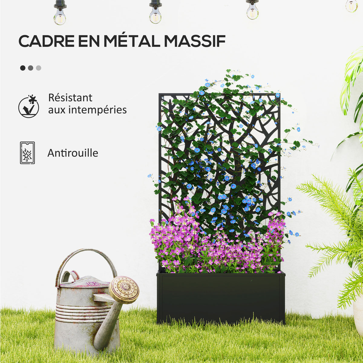 Jardinière avec treillis, bac à fleurs pour plantes grimpantes, légumes, fleurs en métal 61 x 23 x 113 cm noir-5