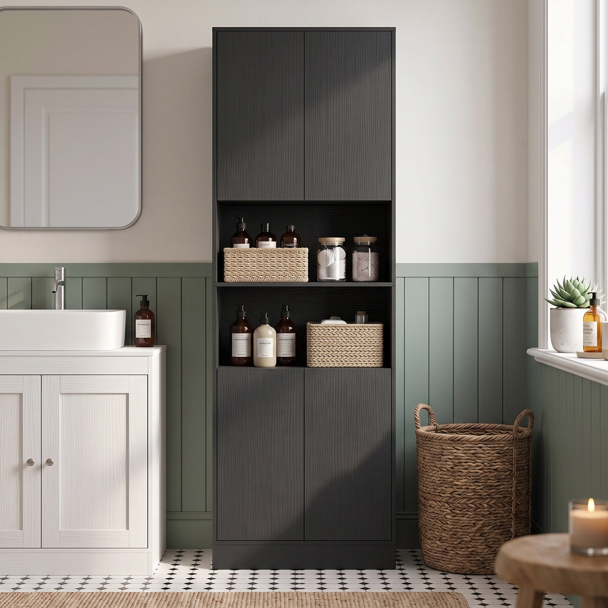Buffet Haut Cuisine, Armoire de Cuisine, 4 Portes à Fermeture Douce, 2 Compartiments Ouverts et Étagères Réglables, Noir-7