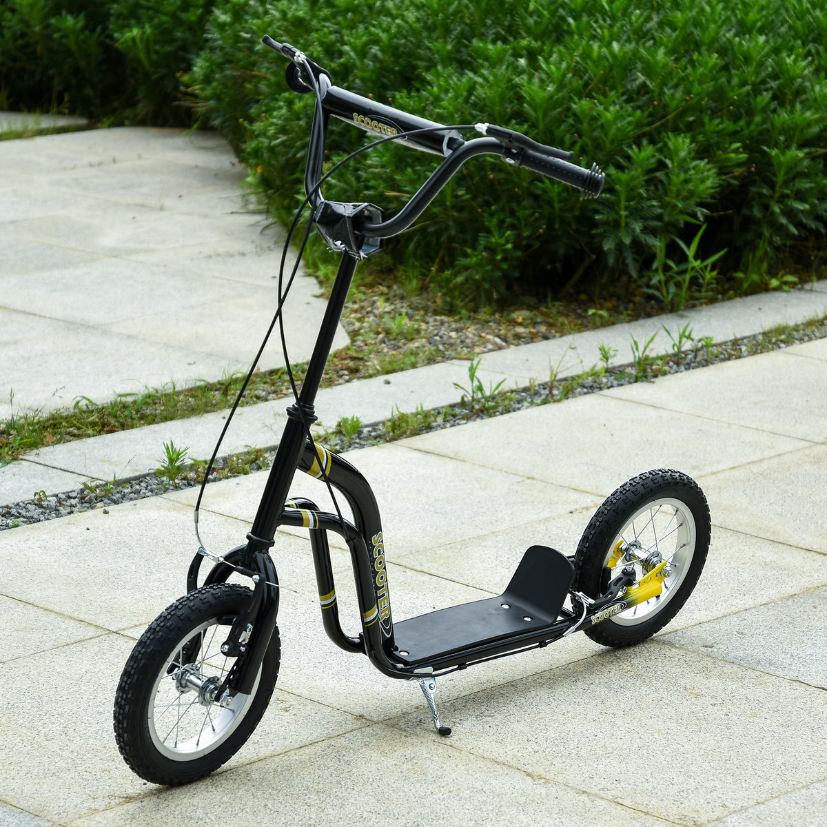 Trottinette enfants, grandes roues pneumatiques 12 pouce en caoutchouc, charge 100 kg, trottinette tout terrain avec double freins, hauteur réglable et béquille latérale, 5 à 12 ans, noir-1