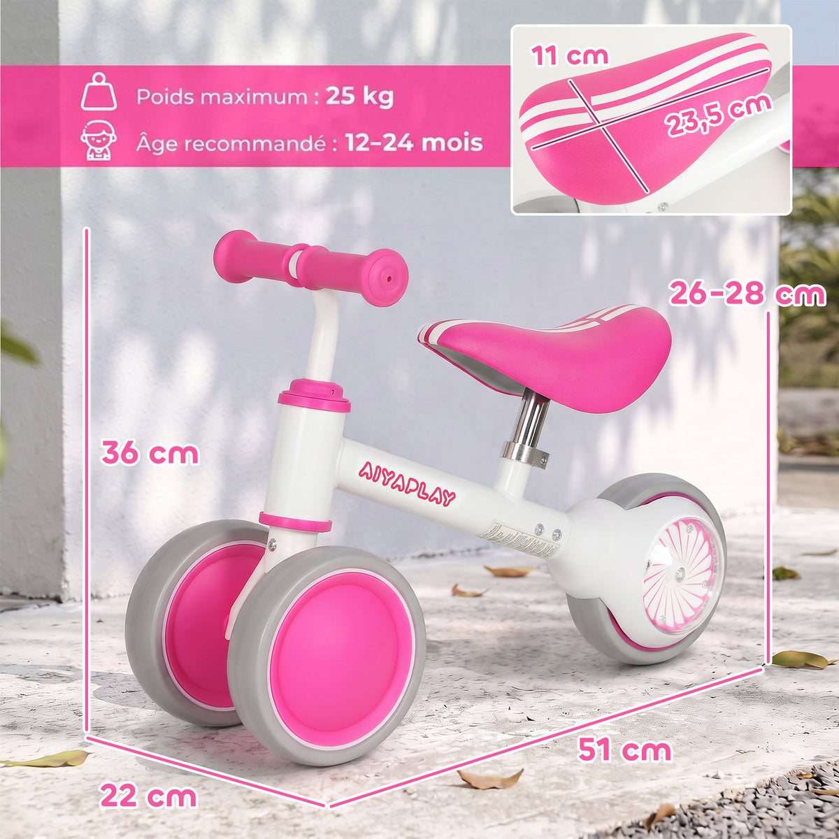 Draisienne Bébé 1-2 ans, Roue lumineuse, 3 Roues EVA Silencieuses sans Pédale, Limiteur Direction 135°, 51x22x36cm, Rose-2