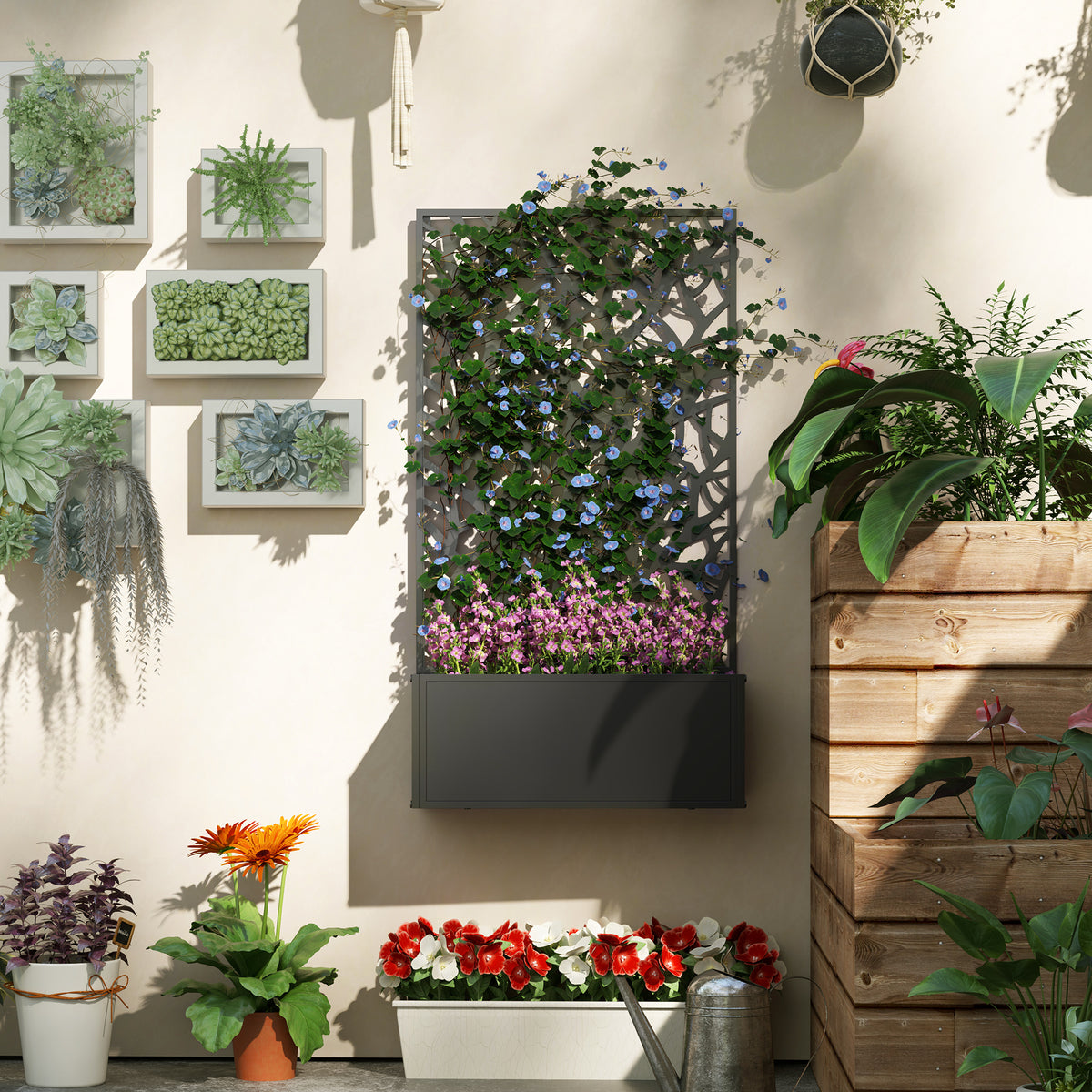 Jardinière avec treillis, bac à fleurs pour plantes grimpantes, légumes, fleurs en métal 61 x 23 x 113 cm noir-9