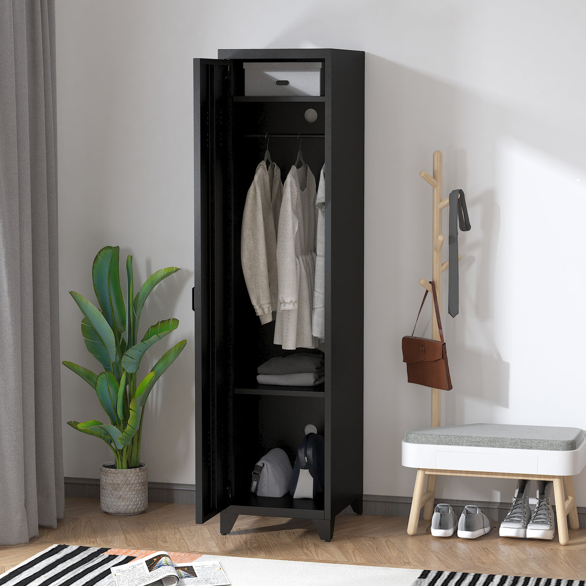 Armoire de Rangement compacte en métal casier style industriel avec 3 étagères, 1 tringle 43L x 50l x 180H cm-1