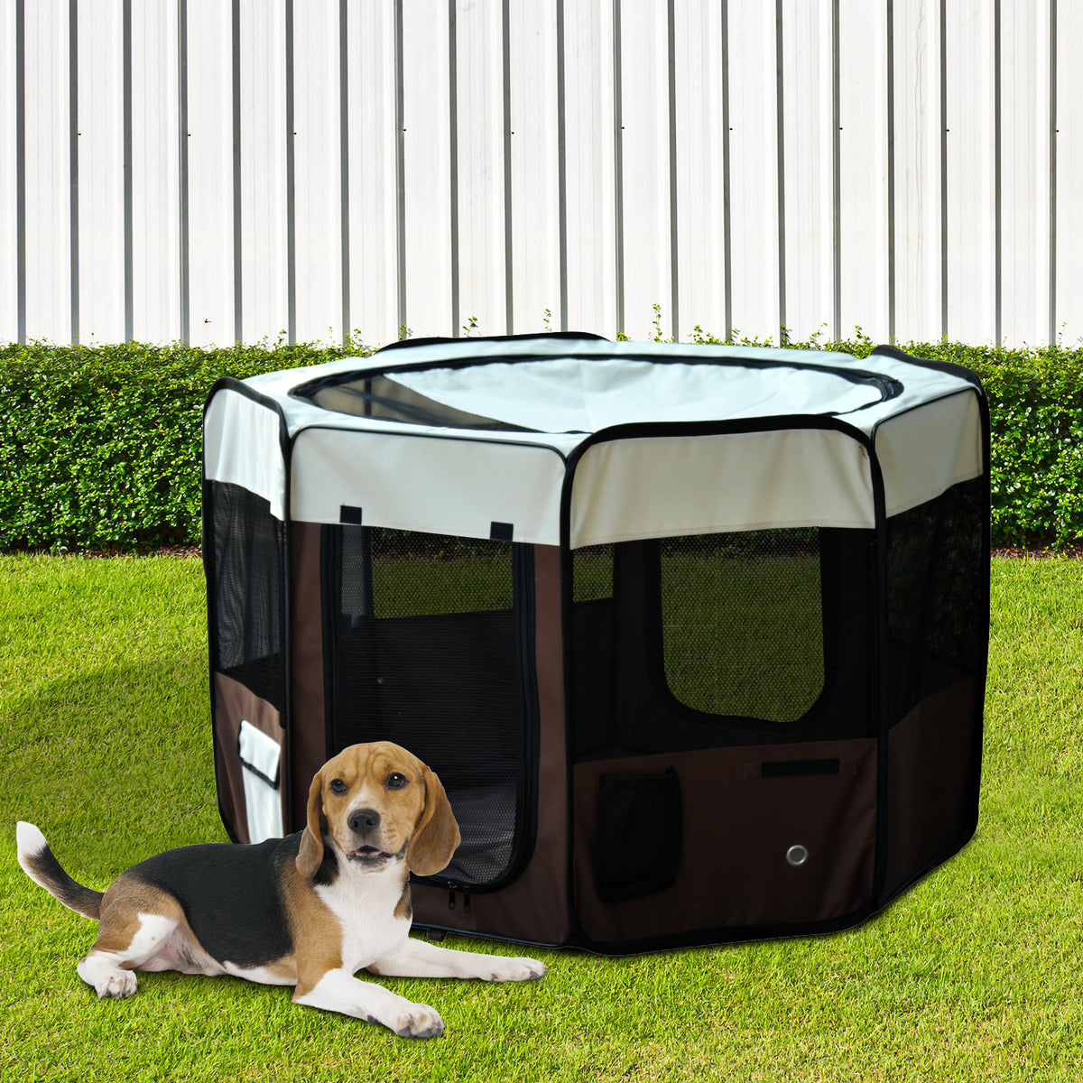 Parc enclos pliable pour chien chat petits animaux octogonal en tissu Oxford et acier Ø 90 x 41H cm marron beige-9