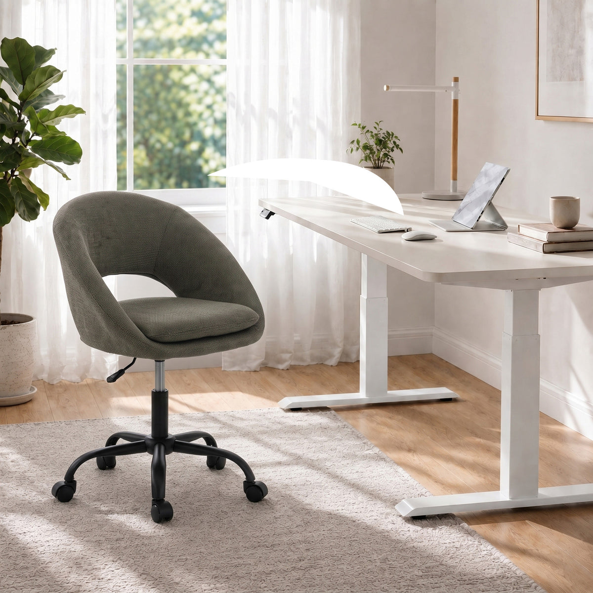 Chaise Bureau Ergonomique en Chenille, Hauteur Réglable, Accoudoirs Intégrés, Pivotant 360°, 59x60x79-89cm, Vert Foncé-7