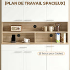 Buffet haut cuisine, armoire de cuisine, 6 portes, tiroir et étagères ouvertes, 120x40x175cm, blanc et bois naturel-4