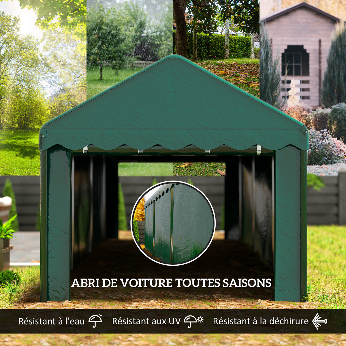 Tente garage carport 3 x 6m Auvent de voiture robuste avec 2 portes enroulables, toile 200g PE, vert-3