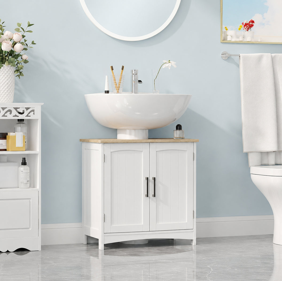 Meuble salle de bain sous lavabo à double portes avec étagères réglables, blanc et bois naturel-1