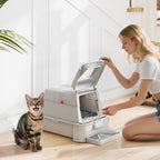 Bac à Litière pour Chat 80L en Inox avec Couvercle Rabattable à 180°, Tiroir Coulissant, Pelle, 63x43x43cm, Gris Clair-1