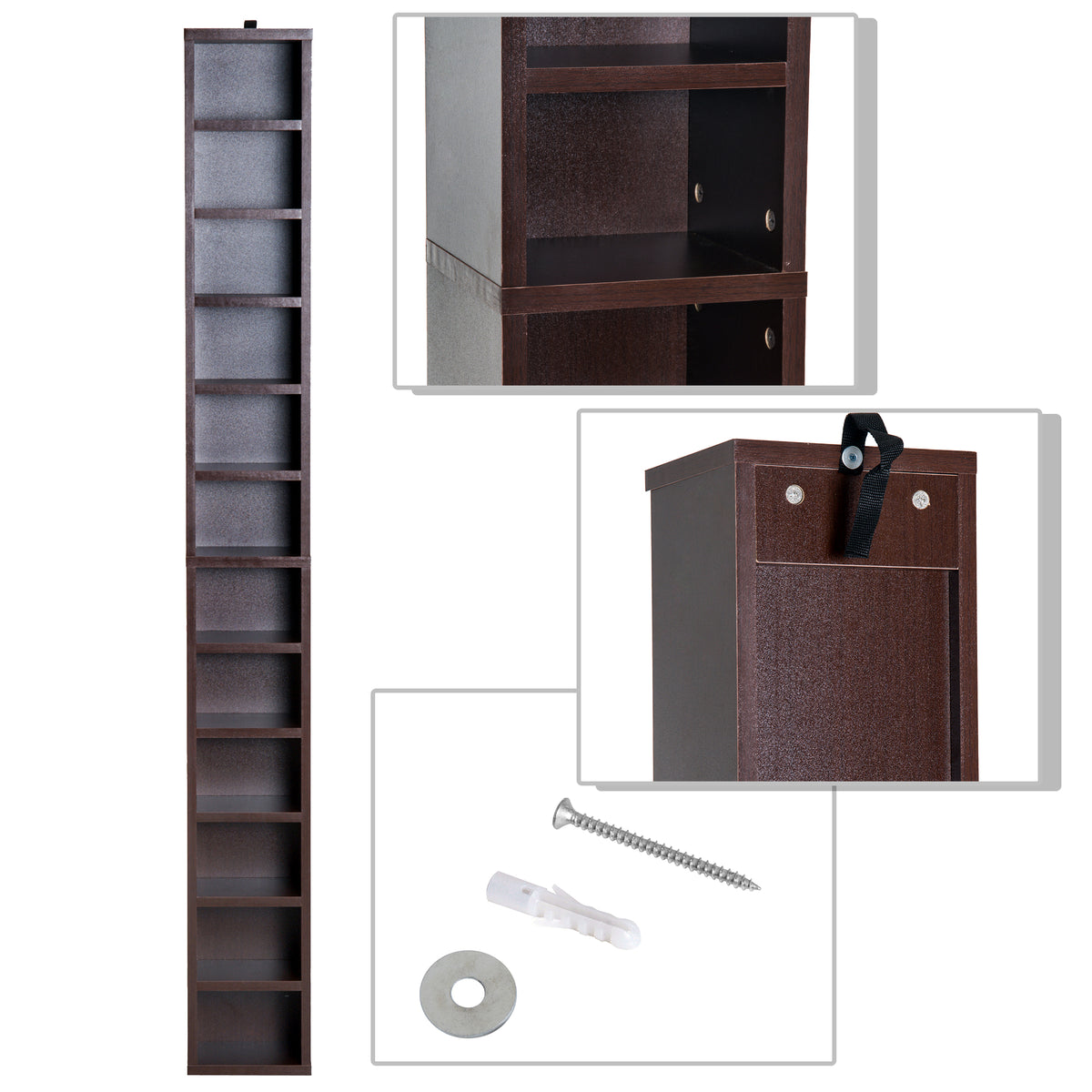 Rangements pour CD et DVD, étagère colonne de rangement, meuble de rangement avec 12 compartiments, capacité max. 204 CD, 21 x 20 x 175 cm, marron-6