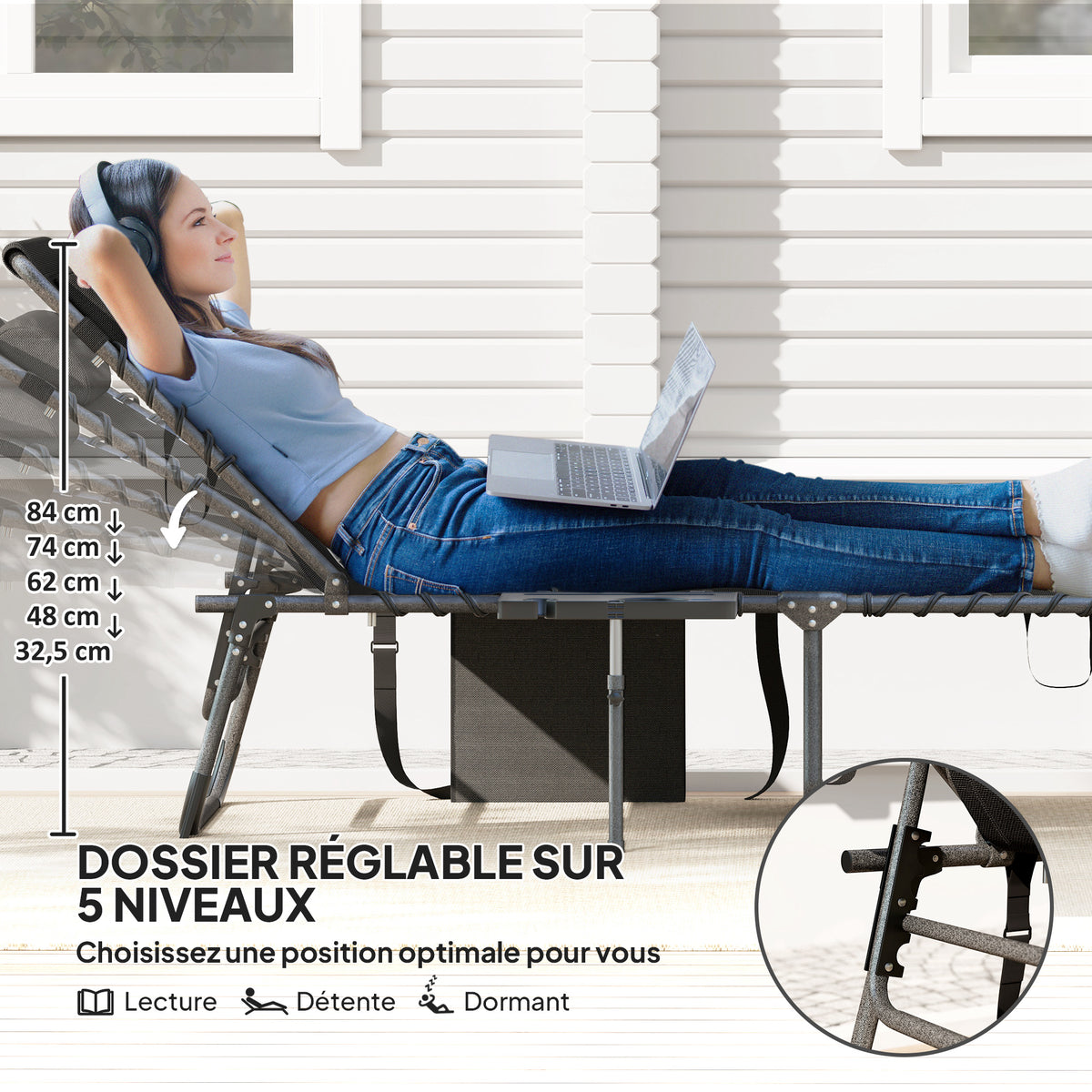 Bain de soleil pliante dossier réglable sur 5 niveaux, plateau, appuie-tête, poche latérale 60 x 190 x 31 cm, noir-3