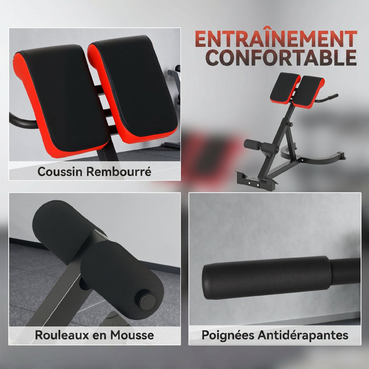 Banc de Musculation Réglable 5 Niveaux, Chaise Romaine avec Rouleaux en Mousse Dense, 112 x 62 x 88 cm, Noir et Rouge-6