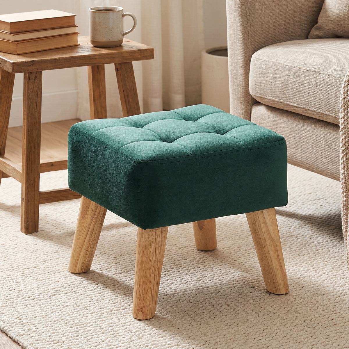 Repose-Pied Salon, Ottoman, Siège Rembourré en Tissu avec Pieds en Bois, 27 x 27 x 26 cm, Vert Foncé-1