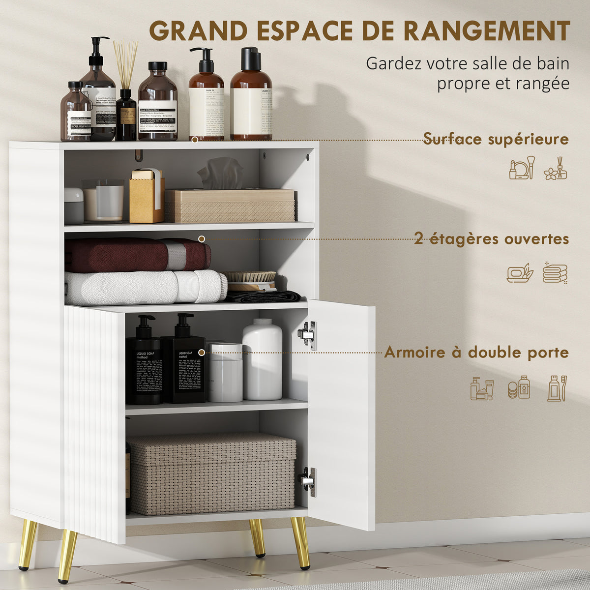 Meuble salle de bain, armoire salle de bain étroit 5 niveaux, portes cannelées à fermeture douce 60 x 31,8 x 93 cm blanc-4