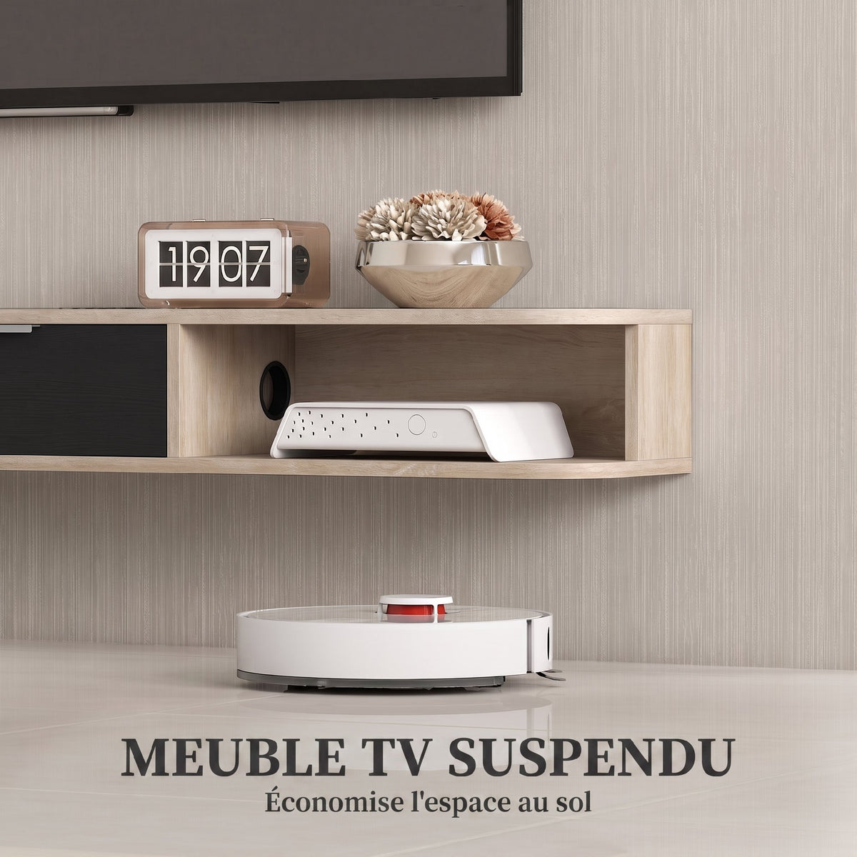 Meuble TV suspendu, meuble télé pour téléviseur jusqu'à 75 pouces, tiroir rabattable 2 étagères 180x24x16cm bois naturel-3