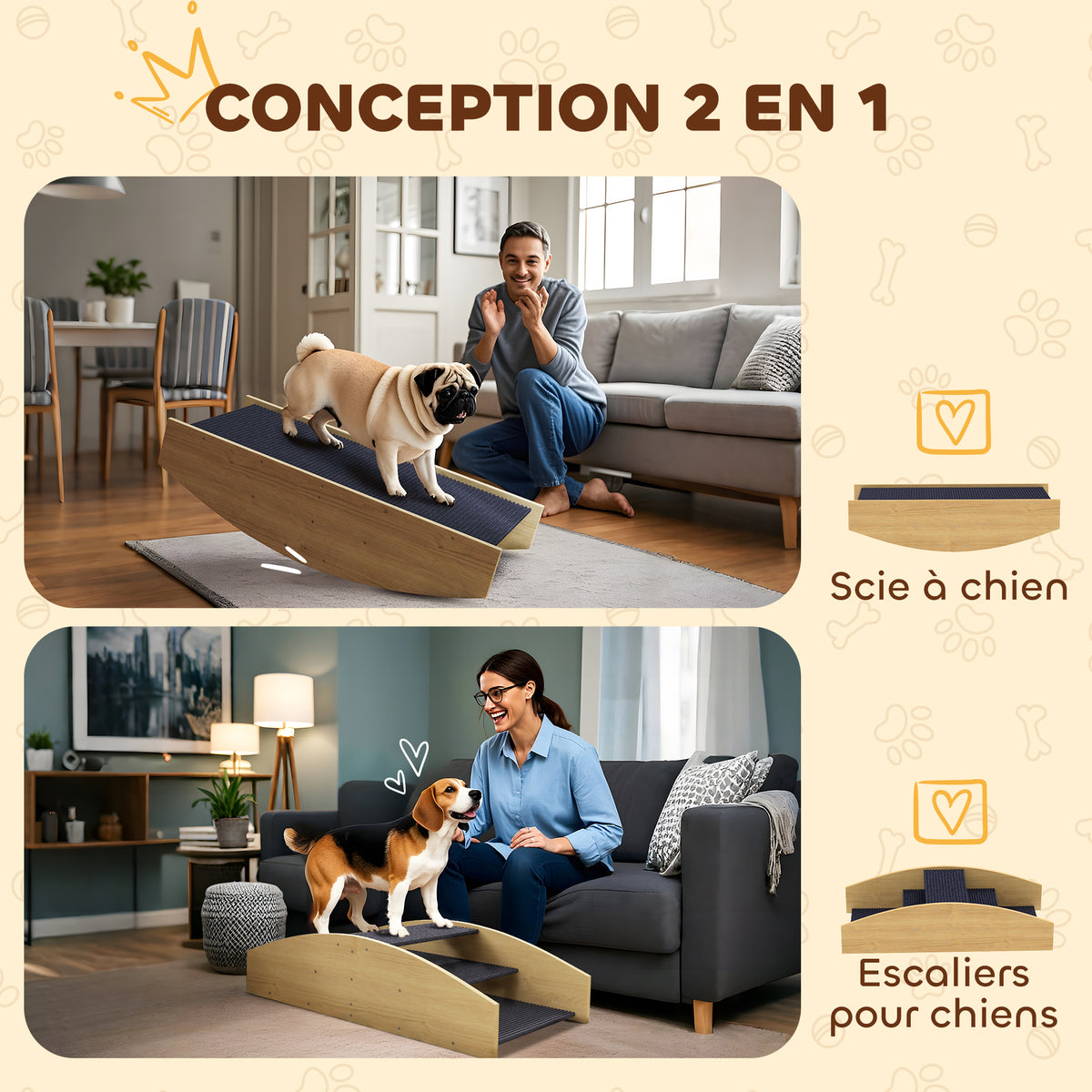 Bascule Chien Agility Réversible 2-en-1 Escalier pour Chien 3 Marches en Bois 80x39,5x20cm, Bois Naturel-3
