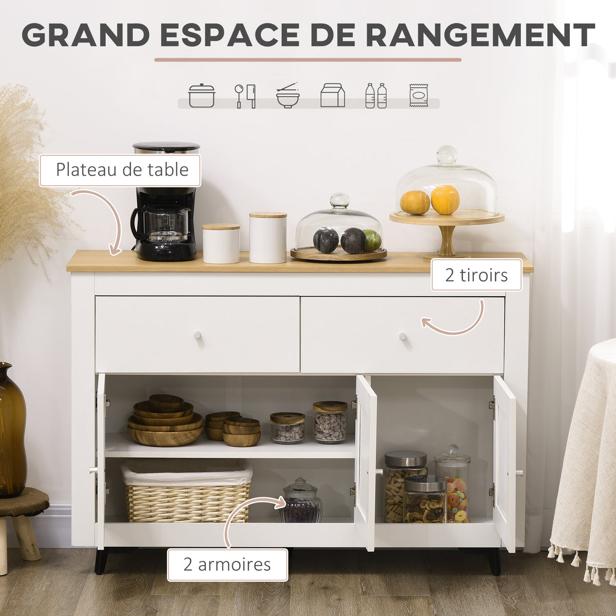 Buffet cuisine avec 2 tiroirs 3 portes et étagère réglable, pour cuisine, salle à manger, salon, 117 x 35 x 80 cm, blanc-3