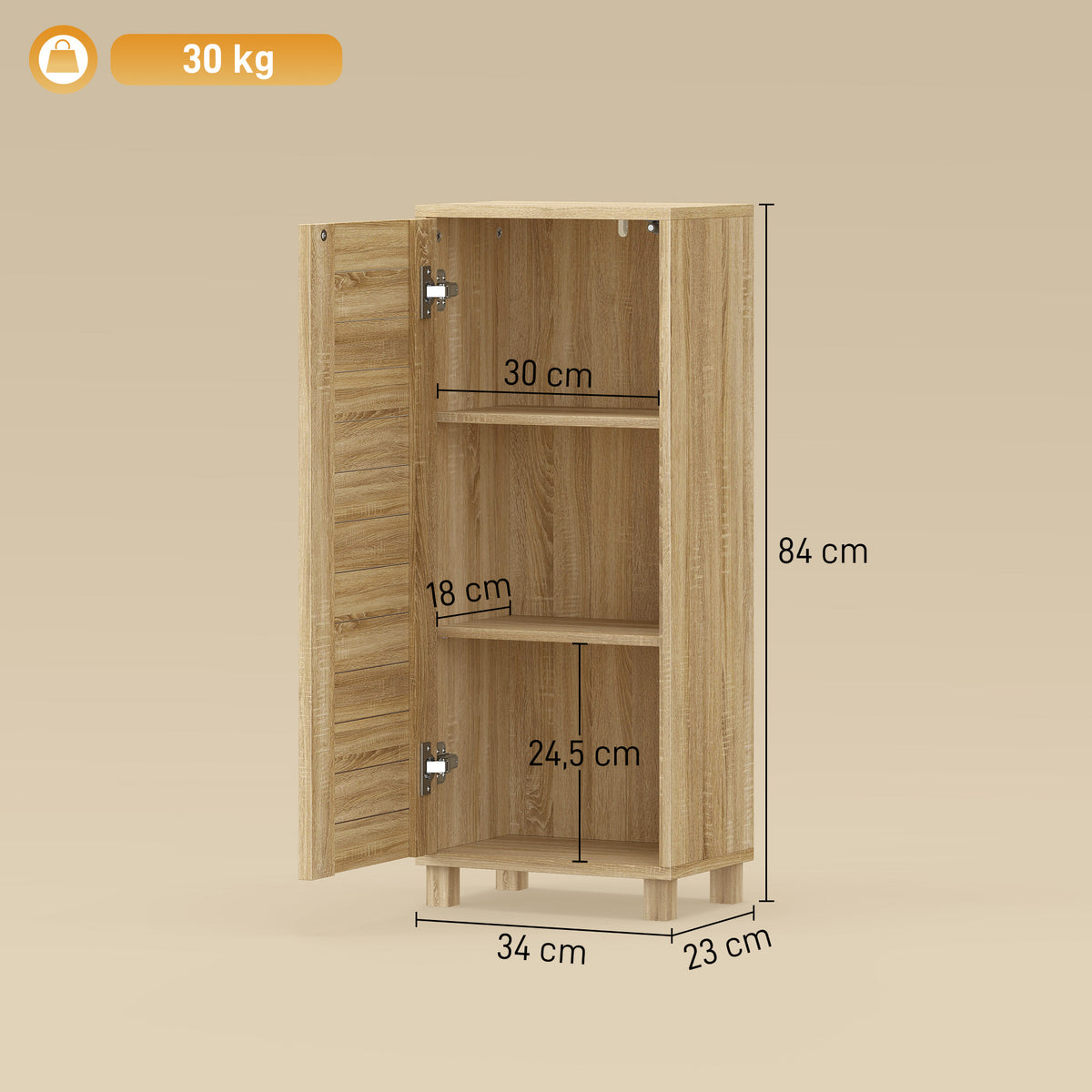 Meuble de Salle de Bain en Bois avec Étagère Réglable et Porte à Lamelles, Ouverture Pression, 34 x 23 x 84 cm, Naturel-2