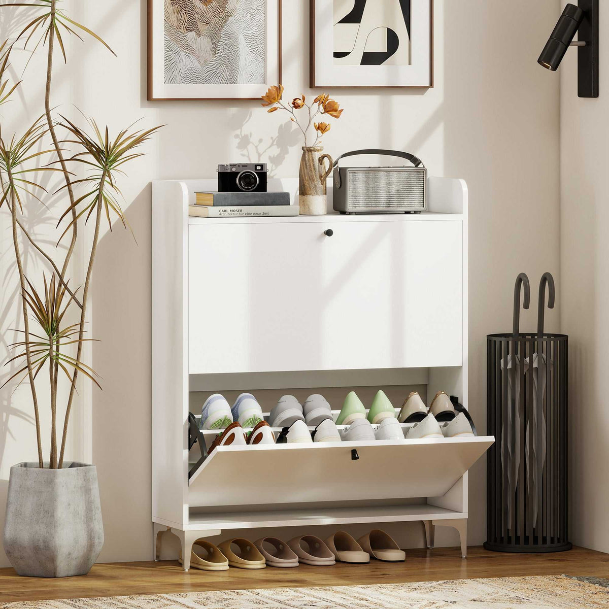 Meuble à chaussures 16 paires, armoire à chaussures avec 2 tiroirs rabattables, étagères réglables, 80x24x101cm, blanc-1