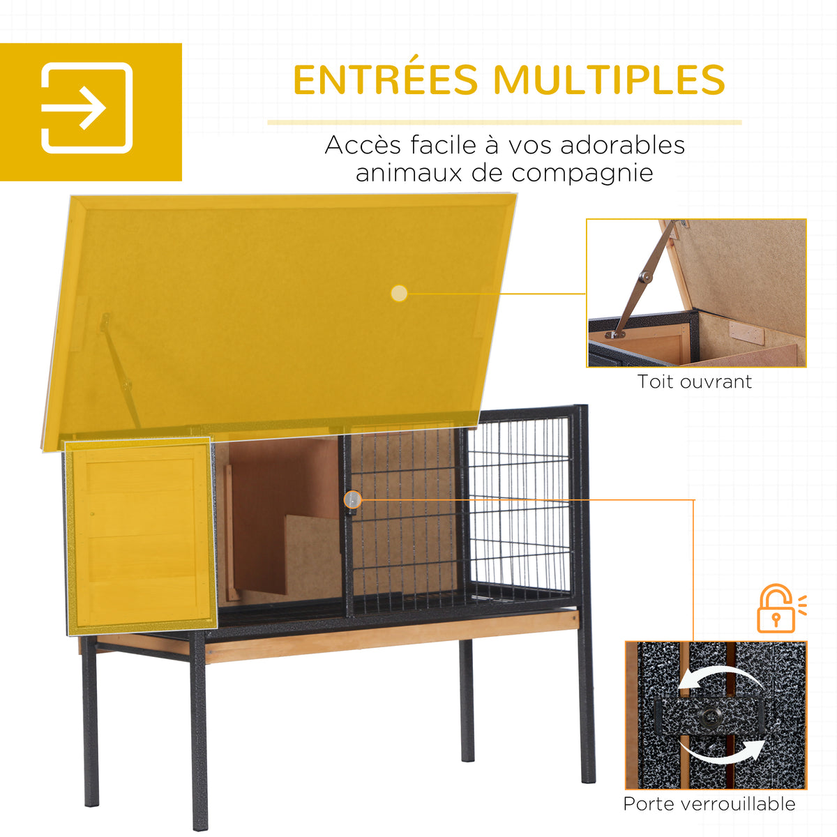 Cage à lapins en bois sur pieds, clapier pour rongeurs, cochons d'inde avec toit ouvrable - dim. 91,5L x 45l x 70H cm-4