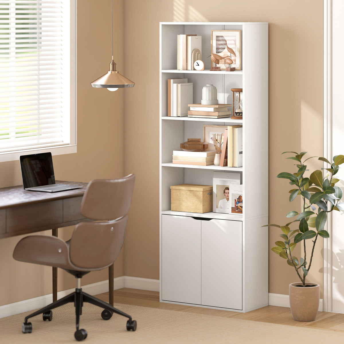 Bibliothèque Armoire à livres avec 4 compartiments ouverts et 2 portes pour le salon et le bureau 59x29x180 cm Blanc-1