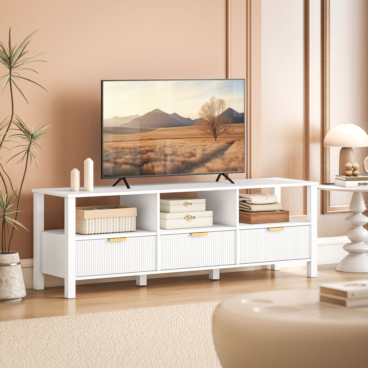 Meuble TV 152 cm, meuble télé pour téléviseur 65 pouces avec 3 tiroirs et 3 étagères ouvertes, 152x39,5x50cm, blanc-9