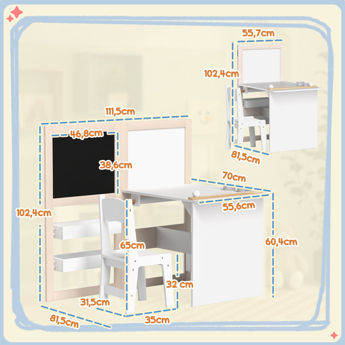 Table enfant avec chaise 3 en 1 avec chevalet pliable étagères de rangement, rouleau de papier - 3 à 8 ans, blanc-2
