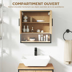 Armoire murale salle de bain avec miroir, meuble salle de bain avec compartiment ouvert et étagère réglable, chêne-6