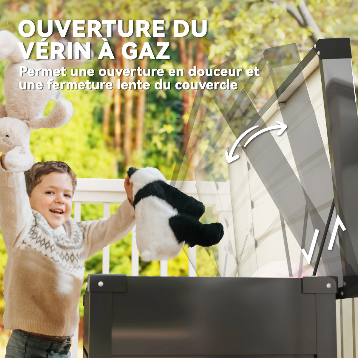 Coffre de rangement métal boîte de jardin 350L double vérins à gaz verrouillable pour coussins outils gris anthracite-4