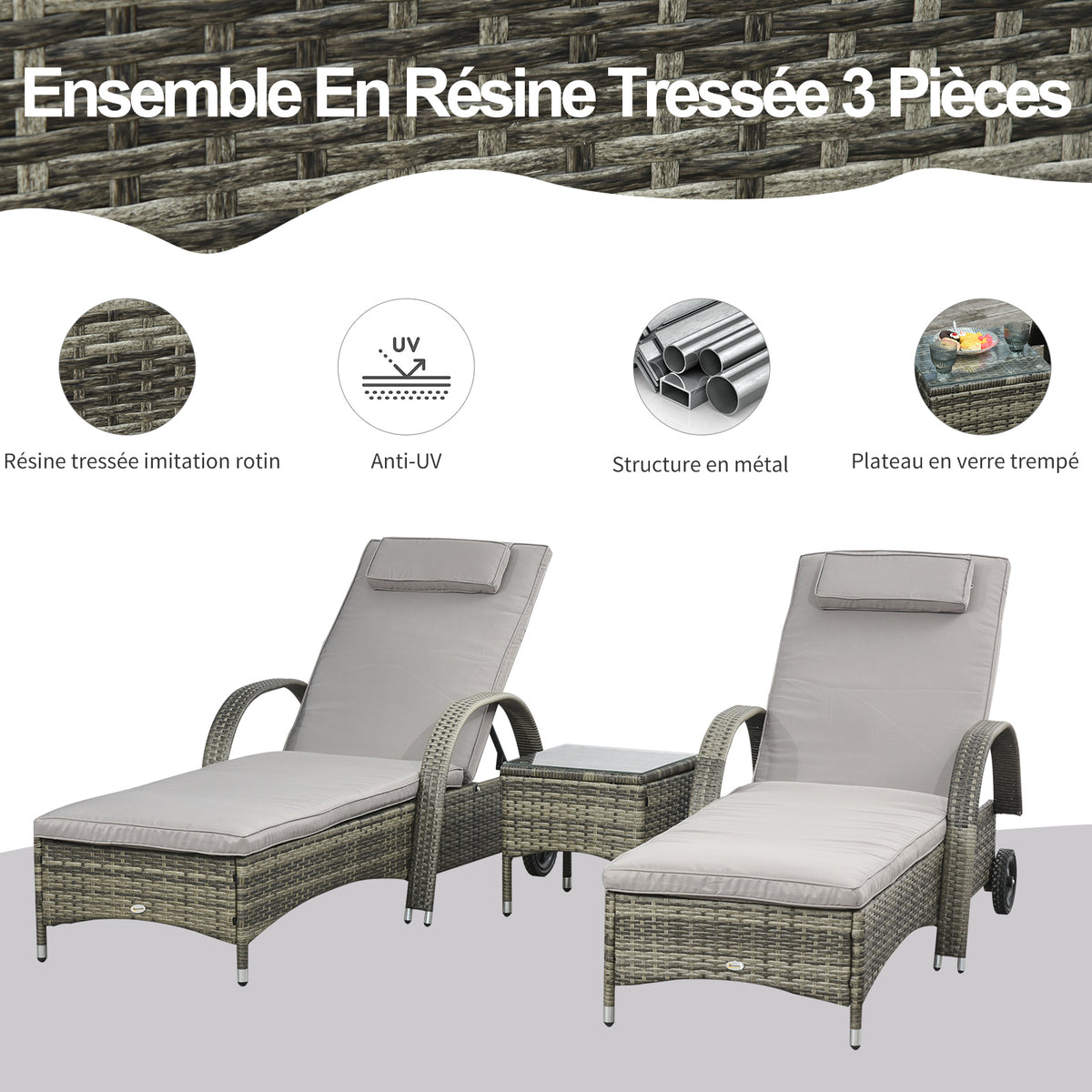 Lot de 2 transats bains de soleil : matelas, têtière, inclinaison réglable multipositions, accoudoirs-3