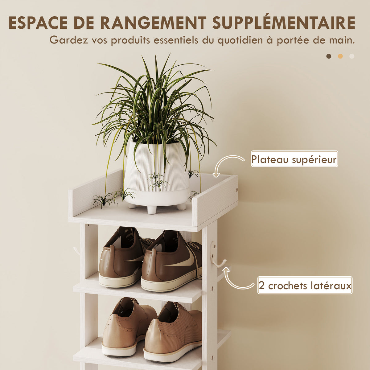 Étagère chaussure à 9 niveaux, range-chaussure jusqu'à 9 paires avec plateau supérieur, 2 crochets, 30x30x128,4cm, blanc-5