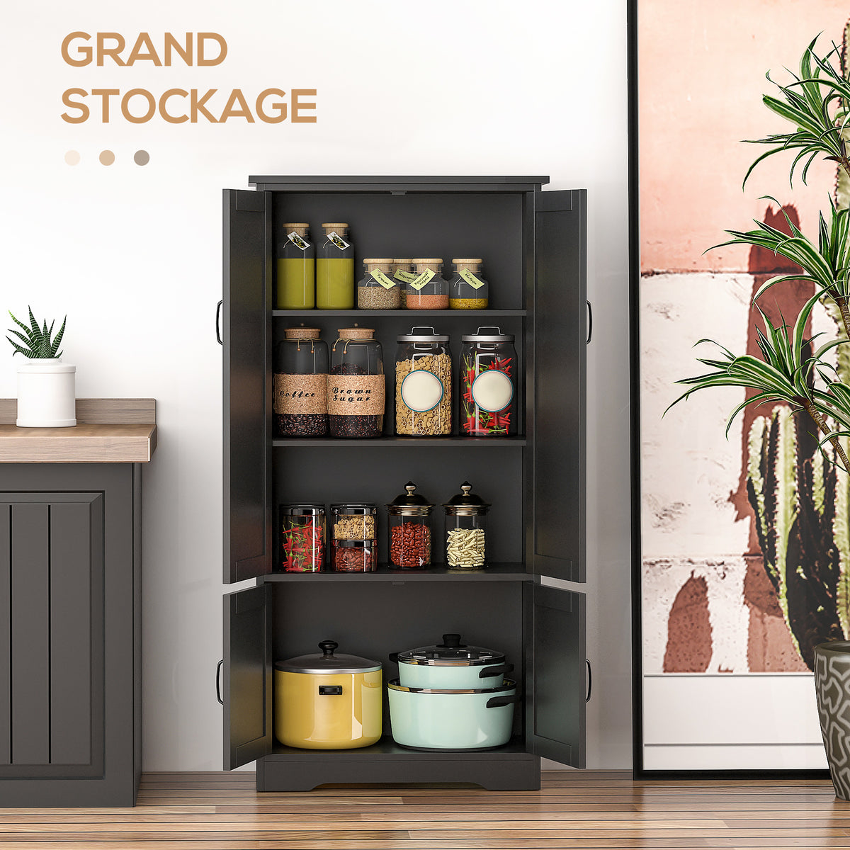 Buffet de cuisine armoire de cuisine contemporaine multi-rangements 2 placards 3 étagères 60 x 30 x 123 cm noir-3