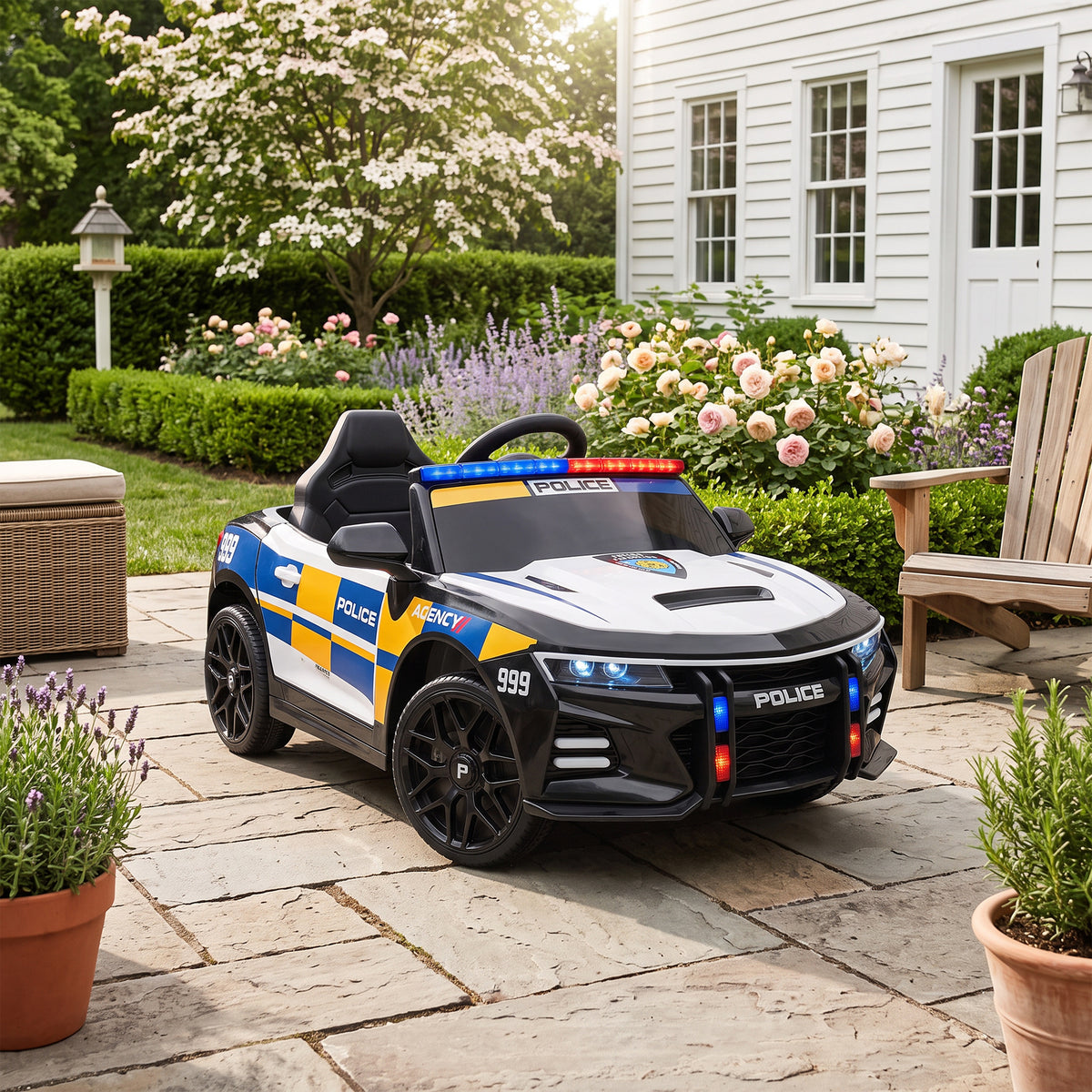 Voiture électrique de police enfant 12V, double moteur, télécommande, USB, MP3, musique & klaxon, multicolore-1