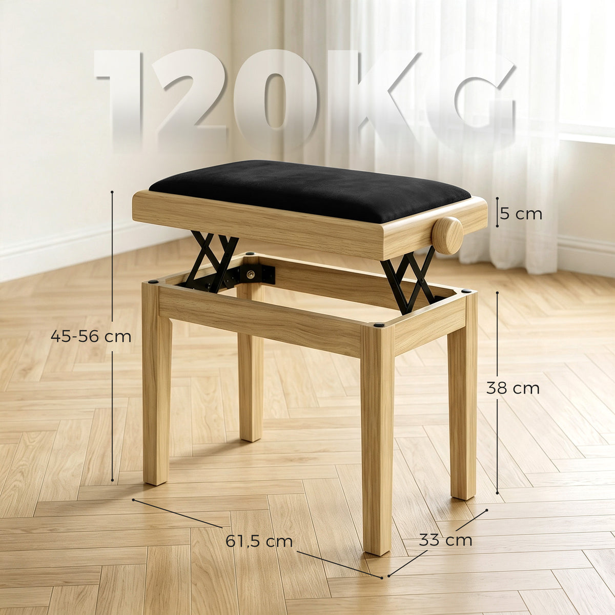 Banc de Piano, Tabouret Piano Réglable en Hauteur 45-56 cm, Banc de Clavier, Siège Rembourré en Velours, Bois Naturel-2
