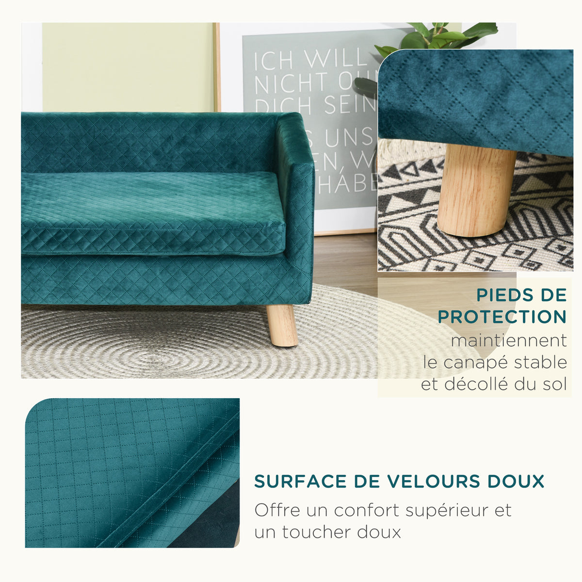 Canapé chien lit pour chien design scandinave coussin moelleux pieds bois massif dim. 64 x 45 x 36 cm velours bleu canard-4