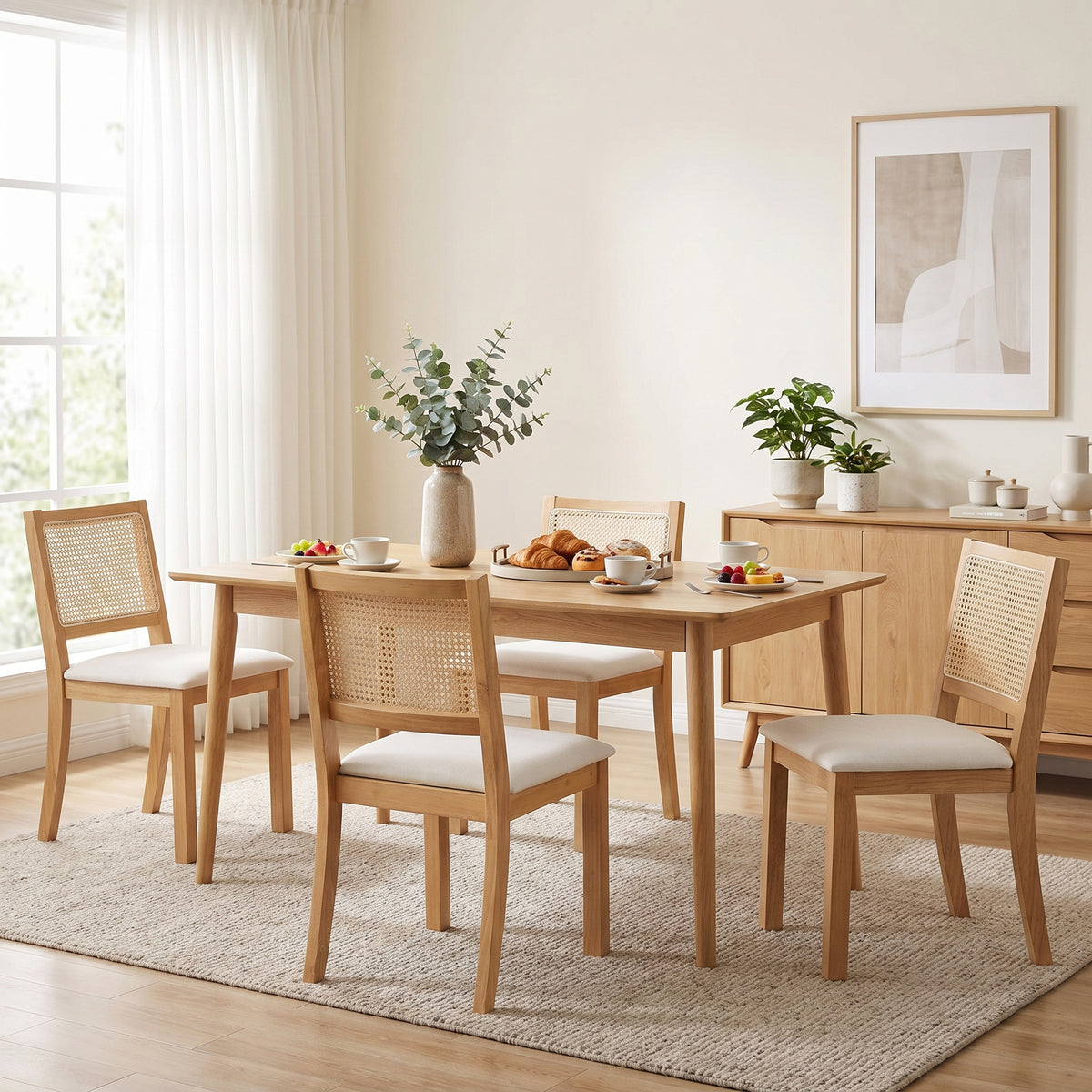 Lot de 2 chaises de salle à manger, chaises de cuisine avec assise rembourrée, dossier effet rotin, crème et chêne-8