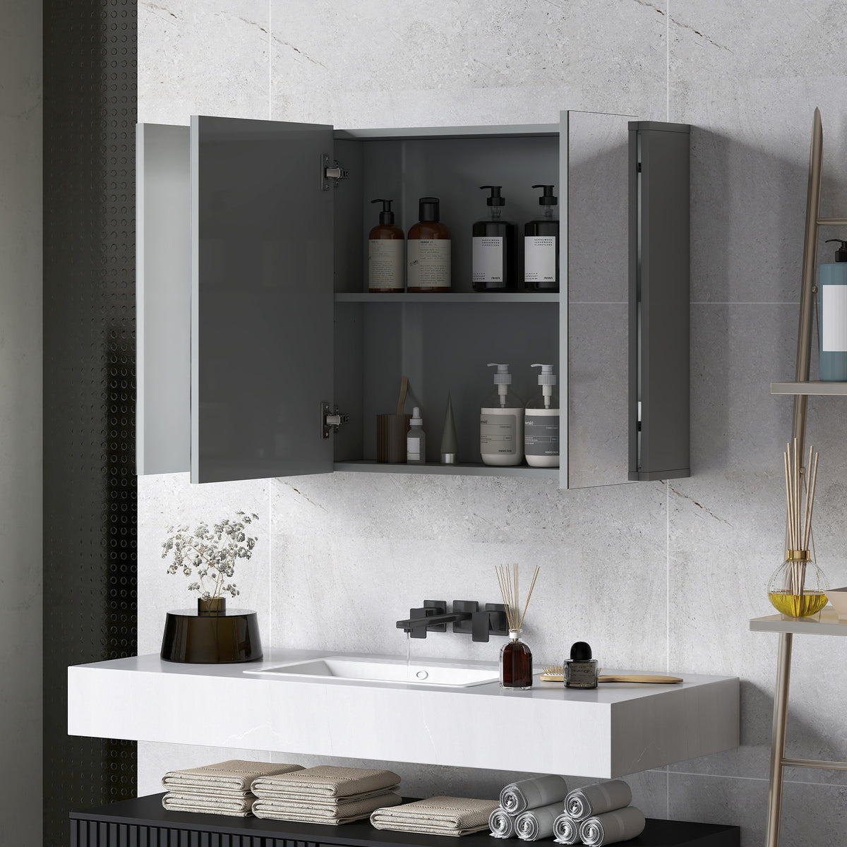 Armoire murale de salle de bain avec 3 portes miroir et étagères réglables en MDF Gris dim. 90L x 15l x 60H cm-6