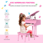 Piano à queue enfant en bois Piano enfant clavier de piano 30 touches - tabouret et pupitre inlus - Instrument de Musique - MDF rose-6