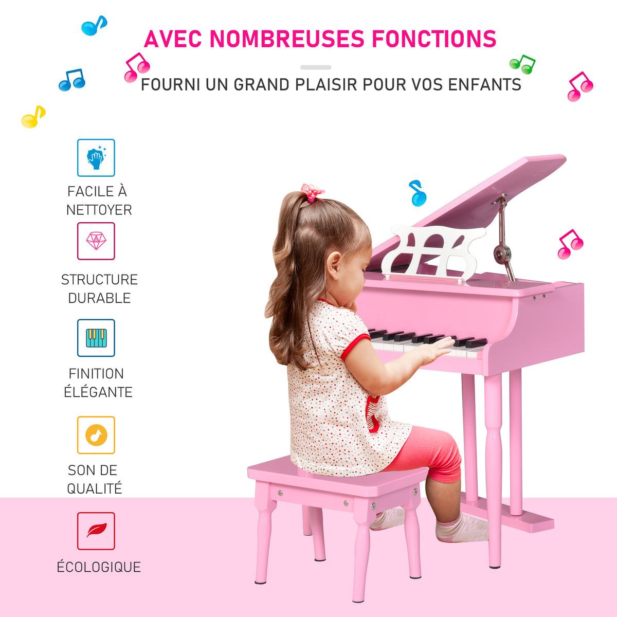 Piano à queue enfant en bois Piano enfant clavier de piano 30 touches - tabouret et pupitre inlus - Instrument de Musique - MDF rose-6