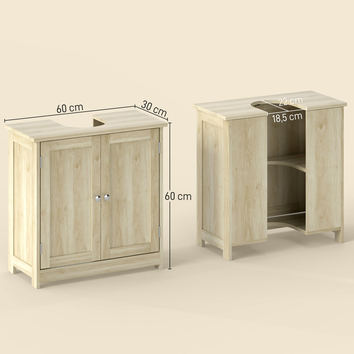 Meuble Salle de Bain sous Lavabo, Meuble sous-Vasque, Placard 2 Portes avec Étagère, 60x30x60cm, Chêne-2