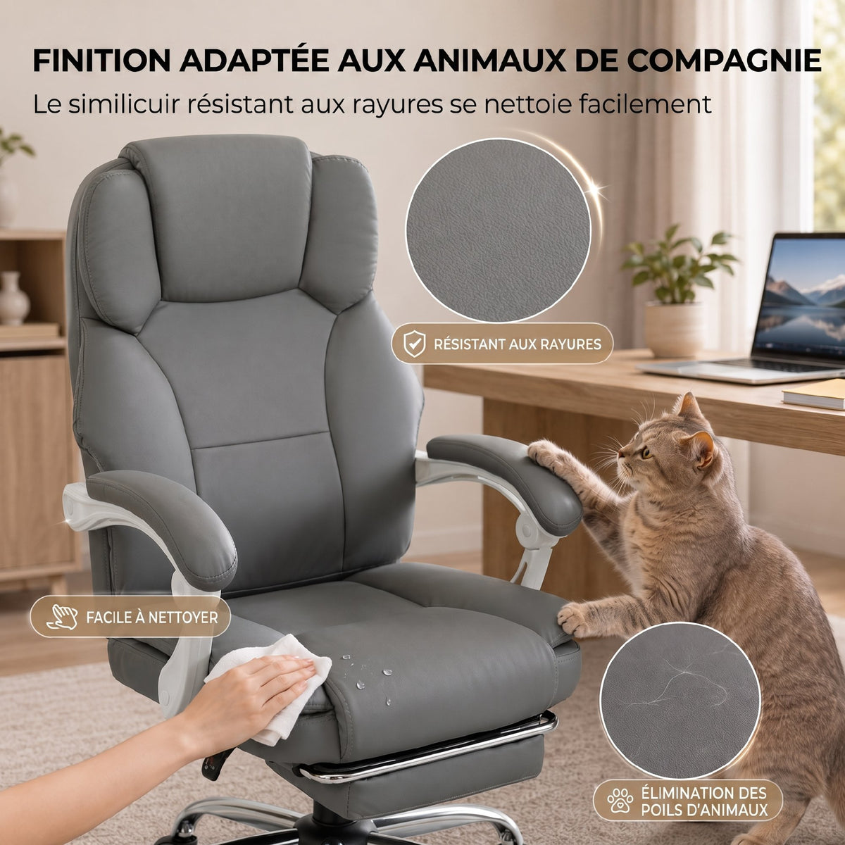 Chaise Bureau Ergonomique, Fauteuil de Bureau Inclinable en Cuir Synthétique Adapté aux Animaux, Hauteur Réglable, Gris-4