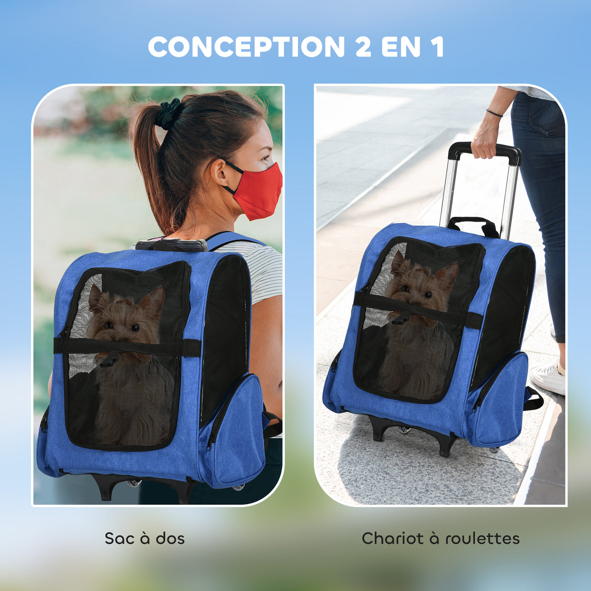 Sac de transport à roulettes pour chien 2 en 1 trolley chariot sac à dos pour chien chat avec poignée téléscopique, sacs de rangement, aérations, attache de sécurité, 42 x 25 x 55 cm, bleu-3