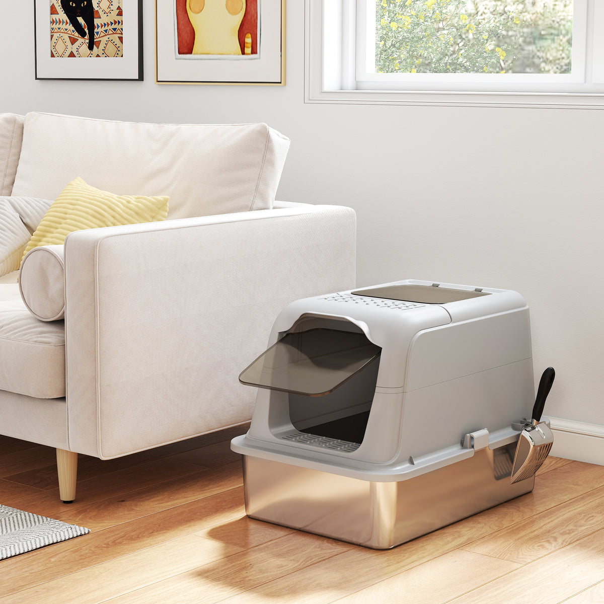 Maison de Toilette pour Chat Bac à Litière Fermé Bac Acier Inoxydable, Nettoyage Facile, 60,4x40,4x41,8cm, Gris Clair-1