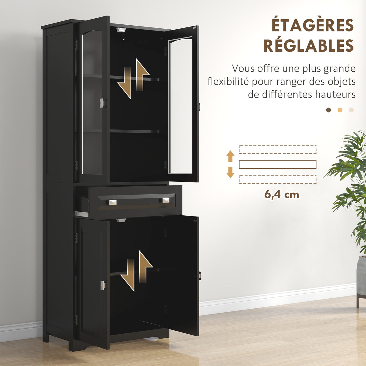 Buffet haut armoire de cuisine 4 portes dont 2 portes vitrées et 1 tiroir hauteur 160 cm avec étagères en bois noir-4