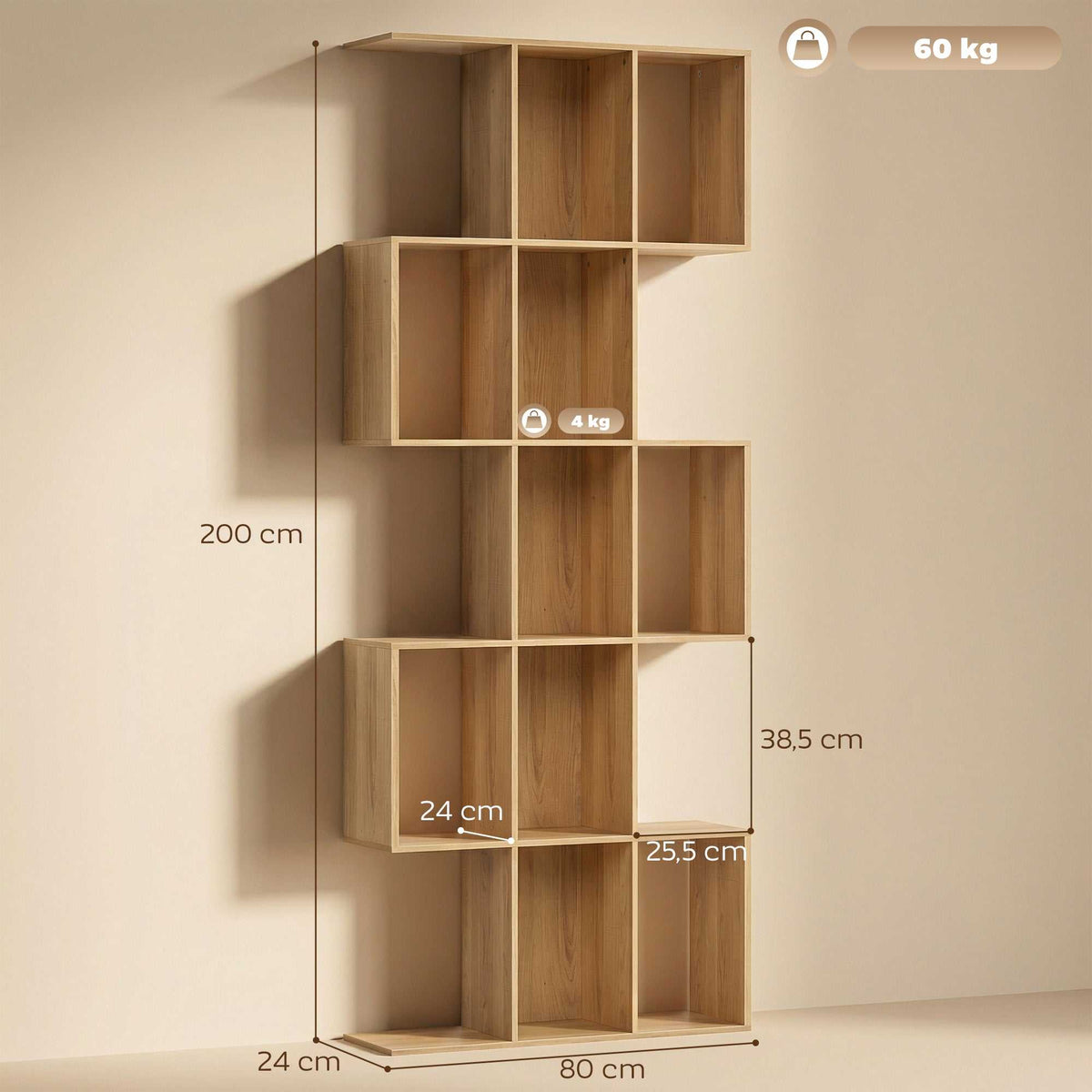 Bibliothèque à 5 niveaux, étagère de rangement en forme S avec 15 compartiments ouverts, 80 x 24 x 200 cm, chêne-2