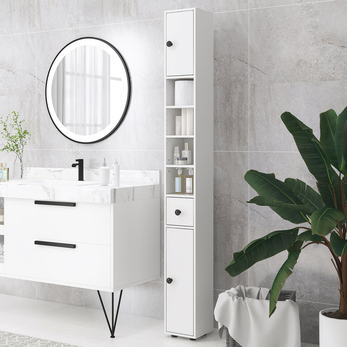 Colonne de rangement armoire haute pour salle de bain 1 tiroir 4 étagères réglables et 2 placards 20 x 20 x 180 cm blanc-1