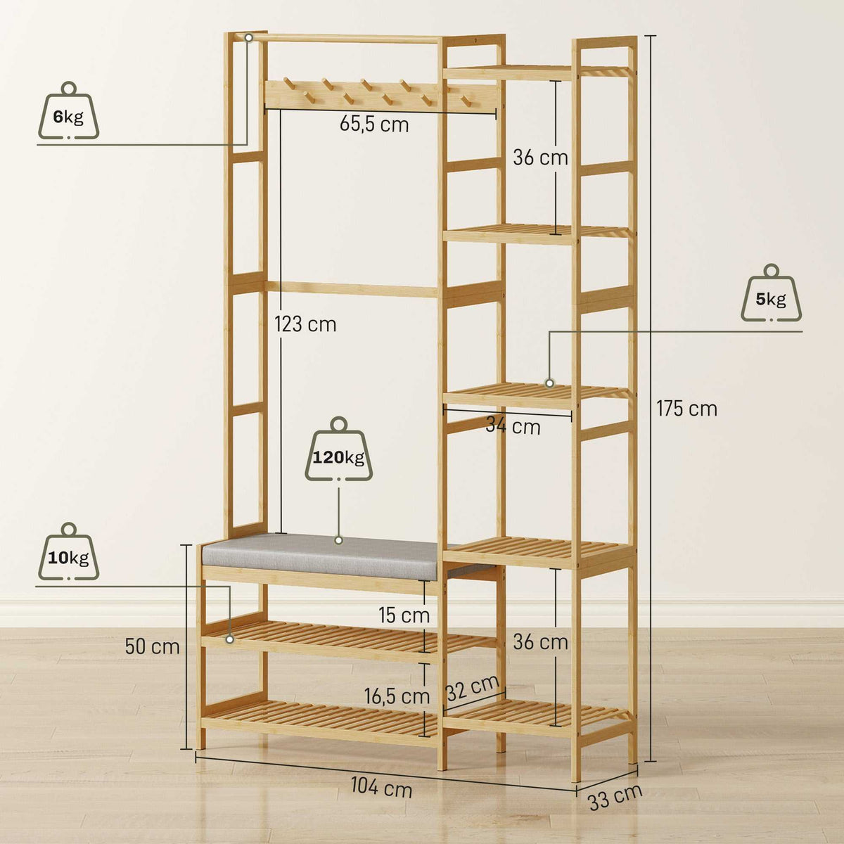Meuble d'entrée en bambou, vestiaire d'entrée, banc, assise rembourrée, 10 crochets, tringle, 104x33x175cm, naturel-2