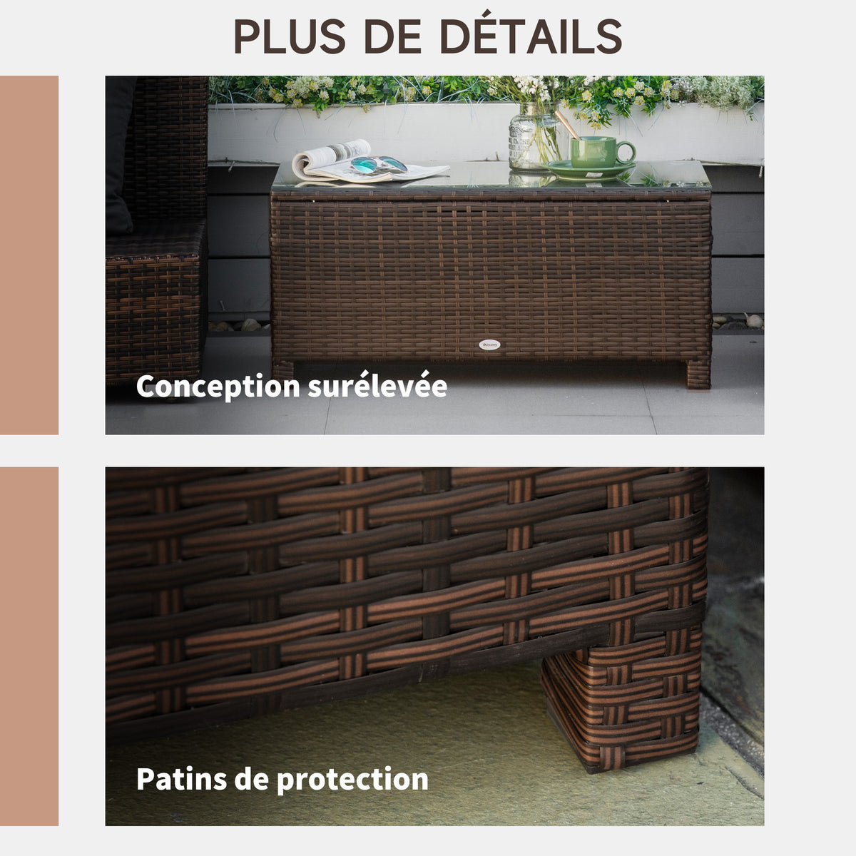 Table Basse de Jardin Plateau Verre trempé 5 mm rotin tressé 85 x 50 x 39cm Max. 50 kg Marron-3
