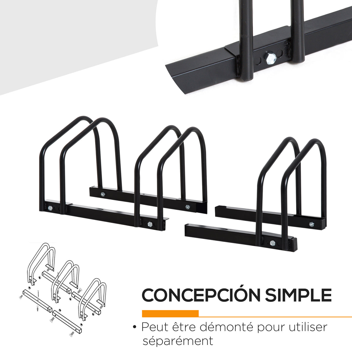 Râtelier 3 vélos - - rangement pneu 65 mm sol ou mural - pour VTT enfants BMX - 76 x 33 x 27 cm - acier - noir-4