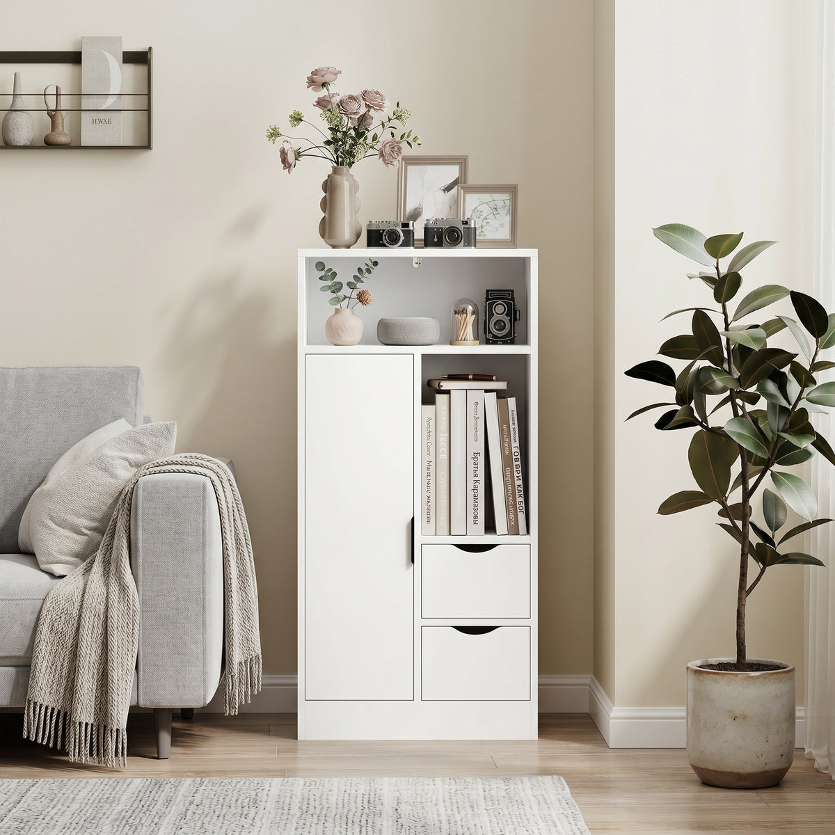 Meuble de salle de bain, meuble de rangement étroit avec 2 tiroirs, compartiments ouverts, 50x25x100cm, blanc-9