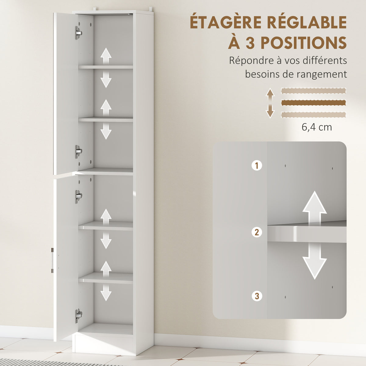 Meuble colonne salle de bain avec miroir, meuble de rangement à 6 niveaux 2 portes étagères réglables 32x28x162cm blanc-4